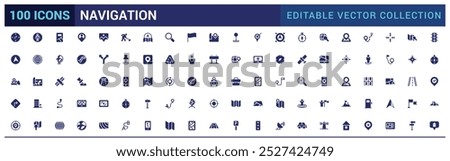 Icons set of navigation. Relatate to location solid icon collection. Glyph icon set for web and ui. Filled icons pack, Vector illustration.