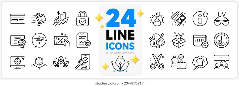 Icons set of Niacin vitamin, Carry-on baggage and Payment line icons pack for app with Sunglasses, Meeting, Seo timer thin outline icon. Augmented reality, 48 hours, Scissors pictogram. Vector