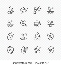 Icons set of no artificial, alcohol free, neutral ph signs. Vector certified, tested organic products for skin, hair. Healthcare cosmetic cream icons.
