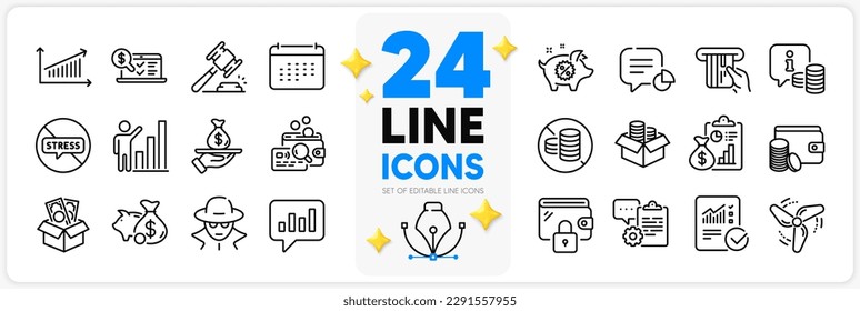 Icons set of No cash, Auction hammer and Wallet line icons pack for app with Checked calculation, Graph chart, Clipboard thin outline icon. Loan, Info, Stop stress pictogram. Calendar. Vector