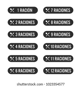 Icons set of number of servings for food products. Written in spanish.