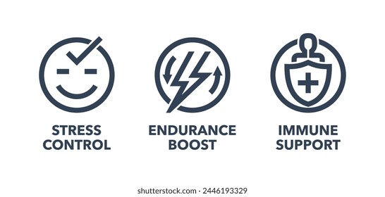 Icons set for Nutrient Supplement in bold line - Stress Control, Endurance Boost and Immune Support