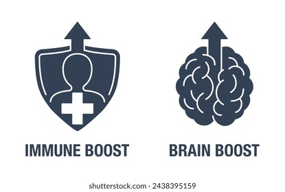 Icons set for Nutrient Supplement - Immune Boost, Brain Boost. In flat monochrome style