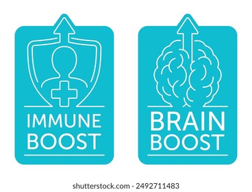 Icons set for Nutrient Supplement - Immune Boost, Brain Boost. Vertical badges In thin line