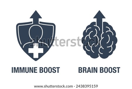 Icons set for Nutrient Supplement - Immune Boost, Brain Boost. In flat monochrome style