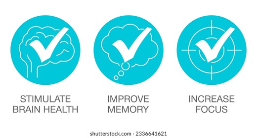 Symbole für die Nahrungsergänzung - Erhöhen Sie den Fokus, stimulieren Sie die Gesundheit des Gehirns, verbessern Sie das Gedächtnis. Flat-Piktogramme mit Markierungen