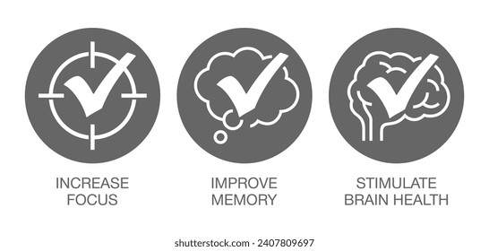 Symbole für die Nahrungsergänzung - Erhöhen Sie den Fokus, stimulieren Sie die Gesundheit des Gehirns, verbessern Sie das Gedächtnis. Flüssige Piktogramme in fettgedruckter Linie und kreisförmiger Form
