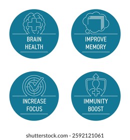 Icons set for Nutrient Supplement - Increase Focus, Stimulate Brain Health, Improve Memory. Flat pictograms set in thin line and circle shape