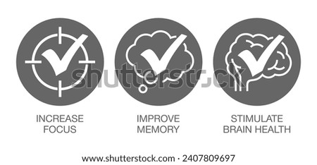Icons set for Nutrient Supplement - Increase Focus, Stimulate Brain Health, Improve Memory. Flat pictograms set in bold line and circle shape