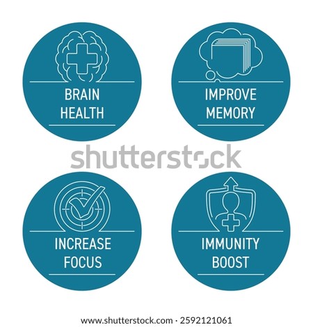 Icons set for Nutrient Supplement - Increase Focus, Stimulate Brain Health, Improve Memory. Flat pictograms set in thin line and circle shape