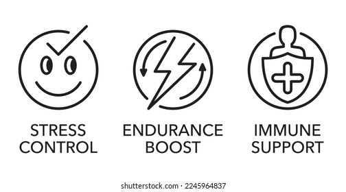 Icons set for Nutrient Supplement - Stress Control, Endurance Boost and Immune Support