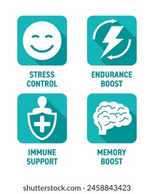 Icons set for Nutrient Supplement - Stress Control, Endurance Boost, Immune Support, Memory boost. Square shapes with long shadows