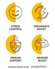 Symbole für Nährstoffergänzung - Stresskontrolle, Ausdauer-Boost, Immununterstützung, Memory Boost. In dünnen Linien und halbkreisförmigen Formen