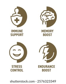 Icons set for Nutrient Supplement - Stress Control, Endurance Boost, Immune Support, Memory boost. In bold line and semicircular shapes
