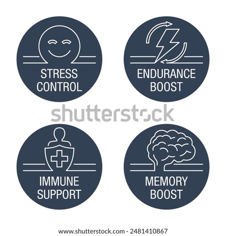 Icons set for Nutrient Supplement - Stress Control, Endurance Boost, Immune Support, Memory boost. Circular shapes, in thin line