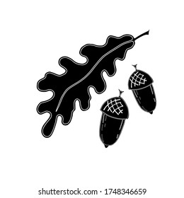 Icons set, oak leaf, acorns. Hand drawn sketch flat style design, white outline stroke, black silhouette. Vector illustration