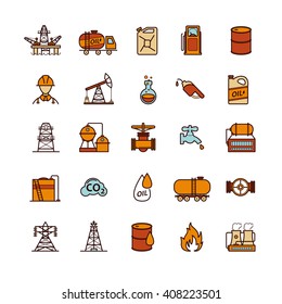 Icons set of oil industry. Vector illustration for infographic, presentation. Production, transportation and refining of oil.