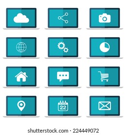 Icons set on laptop screen. Flat vector illustration.