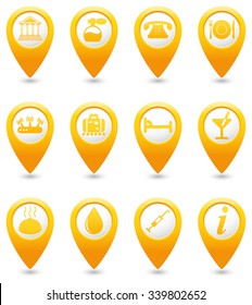 Icons set on yellow map pins.