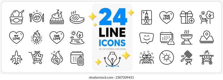 Icons set of One love, Grilled steak and Gas grill line icons pack for app with Smile face, No sun, Mattress thin outline icon. Notification, Grill, Gift pictogram. Baggage calendar. Vector