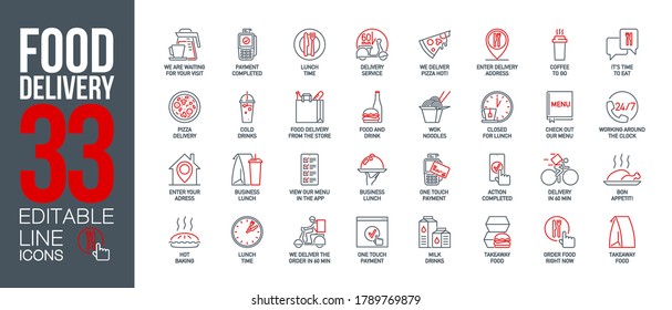 icons set online order and food delivery service for mobile app. meal and drinks express delivery banner isolated on white. outline app symbols fast food. Quality design elements with editable Stroke