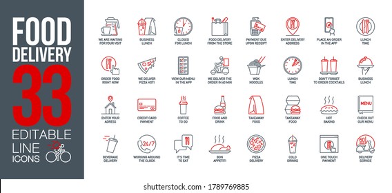 icons set online order and food delivery service for mobile app. meal and drinks express delivery banner isolated on white. outline app symbols fast food. Quality design elements with editable Stroke