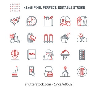 icons set online order and food delivery service for mobile app. meal and drinks express delivery banner isolated on white. outline app symbols fast food. Quality design elements with editable Stroke