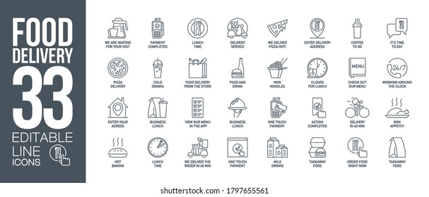 icons set online order and food delivery service for mobile app. meal and drinks express delivery banner isolated on white. outline app symbols fast food. Quality design elements with editable Stroke