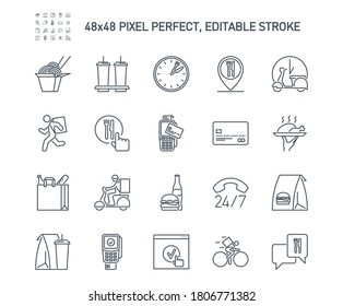icons set online order and food delivery service for mobile app. meal and drinks express delivery banner isolated on white. outline app symbols fast food. Quality design elements with editable Stroke