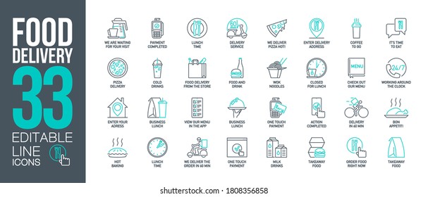 icons set online order and food delivery service for mobile app. meal and drinks express delivery banner isolated on white. outline app symbols fast food. Quality design elements with editable Stroke