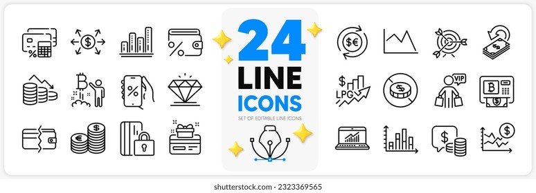 Conjunto de iconos de estadísticas en línea, iconos de línea de cambio de Bitcoin y dólar empacan para aplicación con tipo de cambio de dólar, sin efectivo, moneda de dinero, icono de esquema delgado. Descuentos app, precio elevado. Vector