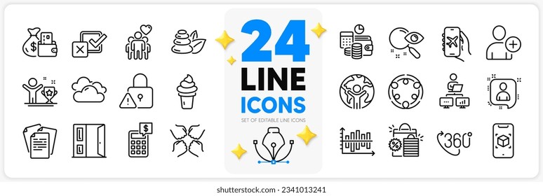 Icons set of Open door, Diagram chart and Winner cup line icons pack for app with Calculator, 360 degree, Squad thin outline icon. Documents, Ice cream, Shopping bags pictogram. Search. Vector