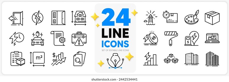 Icons set of Open door, Inspect and Antistatic line icons pack for app with Energy price, Entrance, Warning briefcase thin outline icon. Car charging, Square area, Parcel shipping pictogram. Vector