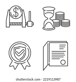 Icons set for Our Benefits web page - fixed price, installment, guarantee or quality and certification or documentation. Pictograms in thin line