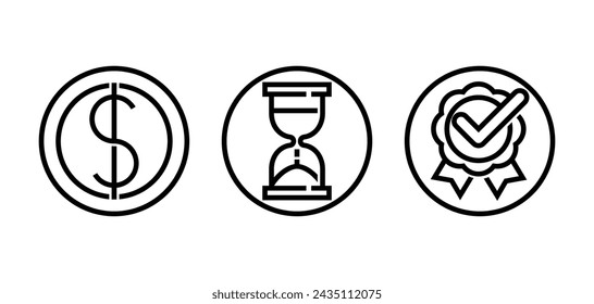 Icons set - Our Benefits or Why We Are. Cost, Quality, guarantee or quality, Speed. Circular pictograms in bold line