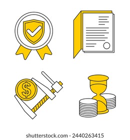 Icons set - Our Benefits or Why We Are web element. fixed price, installment, guarantee or quality and certification or documentation. Circular pictograms in thin line