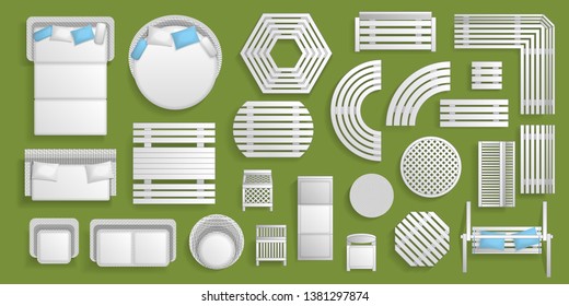 Icons Set. Outdoor Furniture And Patio Items. (top View) Isolated Vector Illustration. Tables, Benches, Chairs, Sunbeds, Swings. (view From Above). 