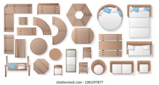 Icons Set. Outdoor Furniture And Patio Items. (top View) Isolated Vector Illustration. Tables, Benches, Chairs, Sunbeds, Swings. (view From Above). 