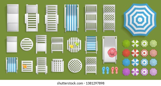 Icons set. Outdoor furniture and patio items. (top view) Isolated Vector Illustration. Tables, chairs, sunbeds, umbrellas. (view from above). 