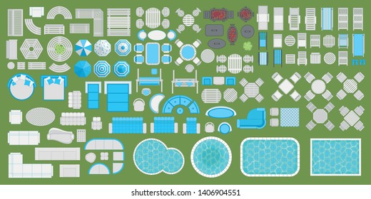 Icons set. Outdoor furniture and patio items. (top view) Isolated Vector Illustration. Tables, benches, chairs, sunbeds, paths, pool, swings, umbrellas. (view from above). Furniture store.