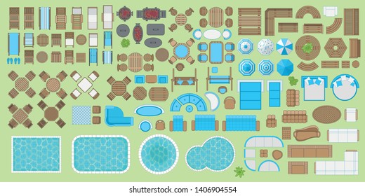  Symbole gesetzt. Möbel und Gartenartikel im Freien. (Draufsicht) Einzelne Vektorgrafik. Tische, Bänke, Stühle, Liegen, Wege, Pool, Schaukeln, Sonnenschirme. (Ansicht von oben). Möbelgeschäft.