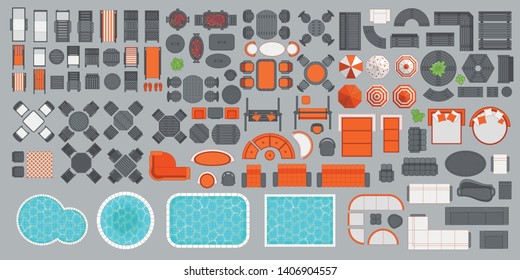 Icons Set. Outdoor Furniture And Patio Items. (top View) Isolated Vector Illustration. Tables, Benches, Chairs, Sunbeds, Paths, Pool, Swings, Umbrellas. (view From Above). Furniture Store.