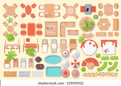 Icons set. Outdoor furniture and patio items. (top view) Isolated Vector Illustration. Tables, benches, chairs, sunbeds, paths, pool, swings, umbrellas, plants. (view from above). Furniture store.