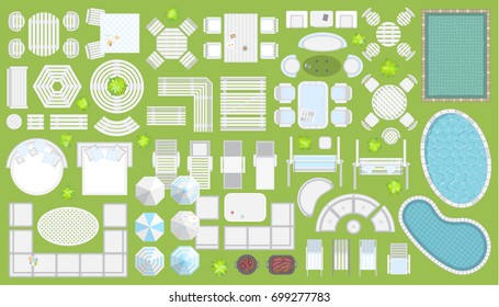 Icons set. Outdoor furniture and patio items. (top view) Isolated Vector Illustration. Tables, benches, chairs, sunbeds, swings, umbrellas, plants. (view from above). Furniture store.