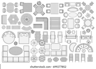 アイコンセット 屋外の家具やパティオ用品 上面図 分離型ベクターイラスト テーブル ベンチ 椅子 日の当たり 揺れ 傘 植物 上から表示 家具屋 のベクター画像素材 ロイヤリティフリー Shutterstock