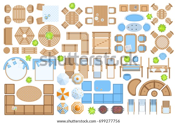 アイコンセット 屋外の家具やパティオ用品 上面図 分離型ベクターイラスト テーブル ベンチ 椅子 日の当たり 揺れ 傘 植物 上から表示 家具屋 のベクター画像素材 ロイヤリティフリー 699277756