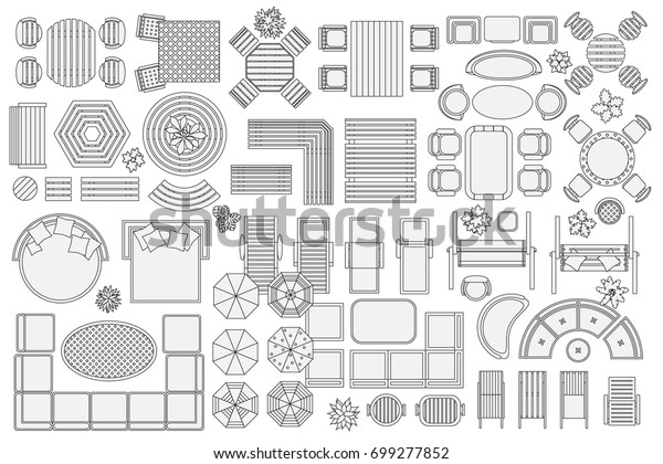 アイコンセット 屋外の家具やパティオ用品 上面図 分離型ベクターイラスト テーブル ベンチ 椅子 日の当たり 揺れ 傘 植物 上から表示 家具屋 のベクター画像素材 ロイヤリティフリー