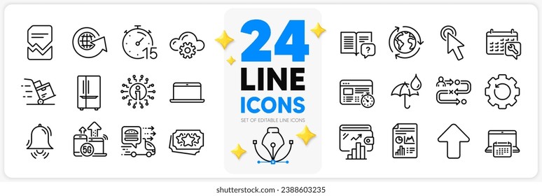 Icons set of Outsourcing, Web timer and Report document line icons pack for app with Cloud computing, Delivery cart, Laptop thin outline icon. Recovery gear, 5g internet, Calendar pictogram. Vector