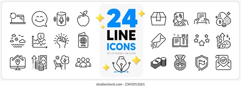 Icons set of Package box, Deckchair and Work home line icons pack for app with Savings, Smile face, Riboflavin vitamin thin outline icon. Dog competition, Recipe book, Receive file pictogram. Vector