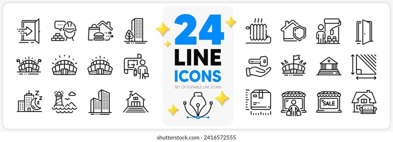 Icons set of Package size, Buying house and Plan line icons pack for app with Night city, Food delivery, Furniture moving thin outline icon. Open door, Radiator, Market buyer pictogram. Vector